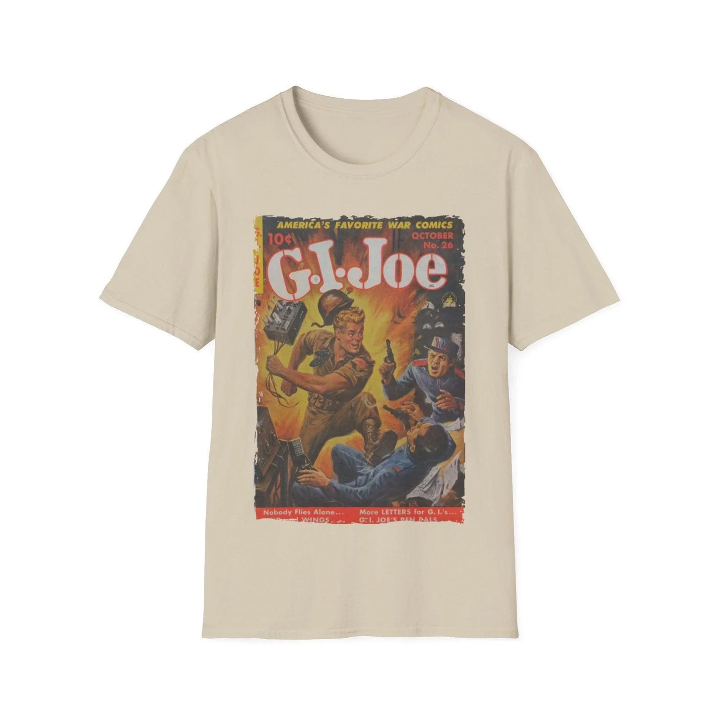 Close-up of the G.I. Joe No.26 unisex softstyle T-shirt’s collar and double-stitched neckline detail in vibrant navy blue