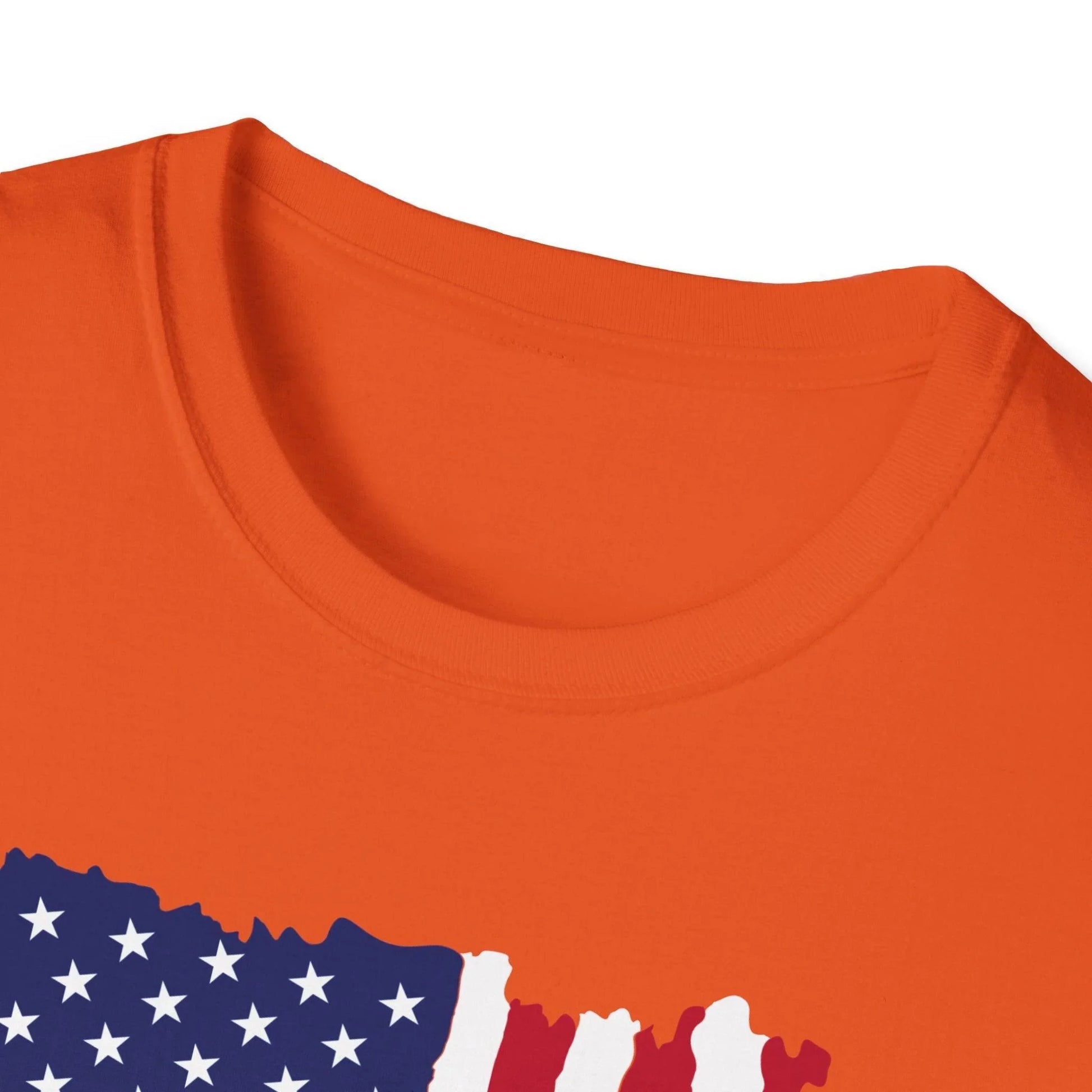 Close-up of the distressed vertical American flag design printed on soft, heather gray fabric showing textured print details