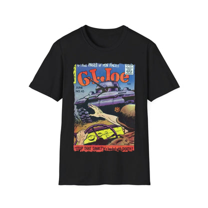 G.I. Joe No.45 unisex softstyle cotton crew neck T-shirt in black with regular fit, DTG print, short sleeves, Printify brand