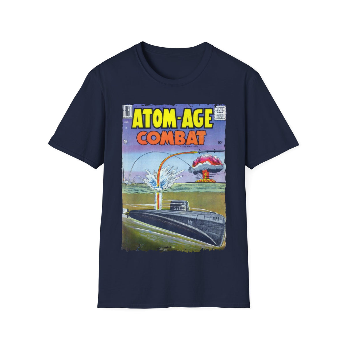Close-up of the Atom-Age Combat No.2 T-shirt’s neck tag and soft cotton fabric texture from a front angle, highlighting