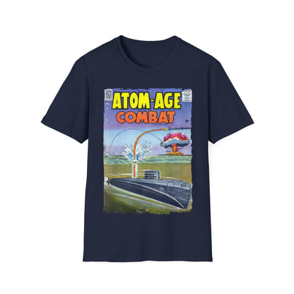 Close-up of the Atom-Age Combat No.2 T-shirt’s neck tag and soft cotton fabric texture from a front angle, highlighting