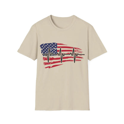 Close-up of distressed flag heartbeat graphic on unisex softstyle T-shirt's front chest area showing vibrant red, white, and