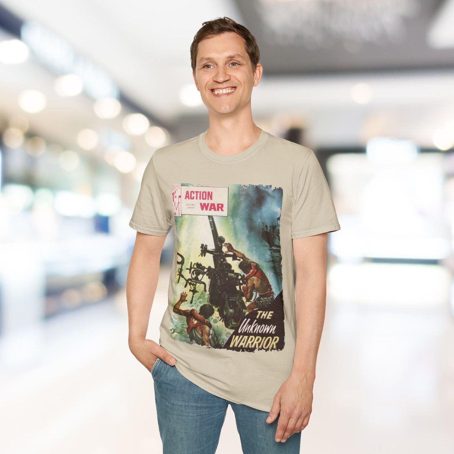 Close-up of the unisex softstyle T-shirt neckline showcasing smooth fabrication and reinforced collar stitching in vibrant