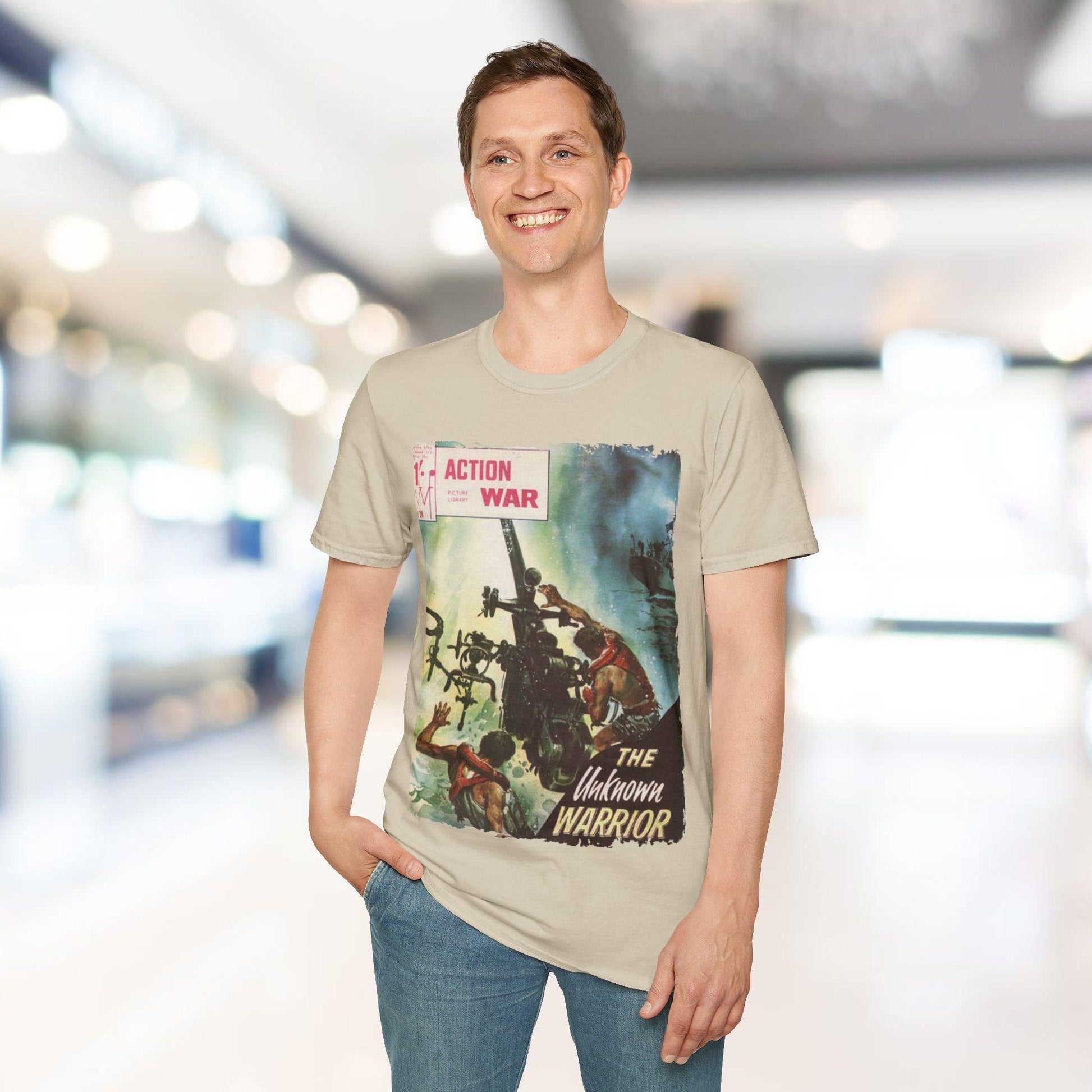 Close-up of the unisex softstyle T-shirt neckline showcasing smooth fabrication and reinforced collar stitching in vibrant