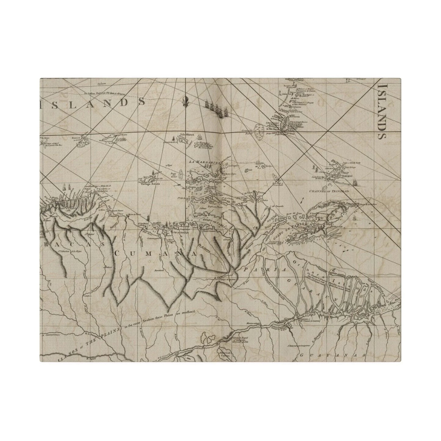 Close-up of vibrant coastal watercolor textures highlighting sandy shores and ocean waves along the Caracas and Cumana