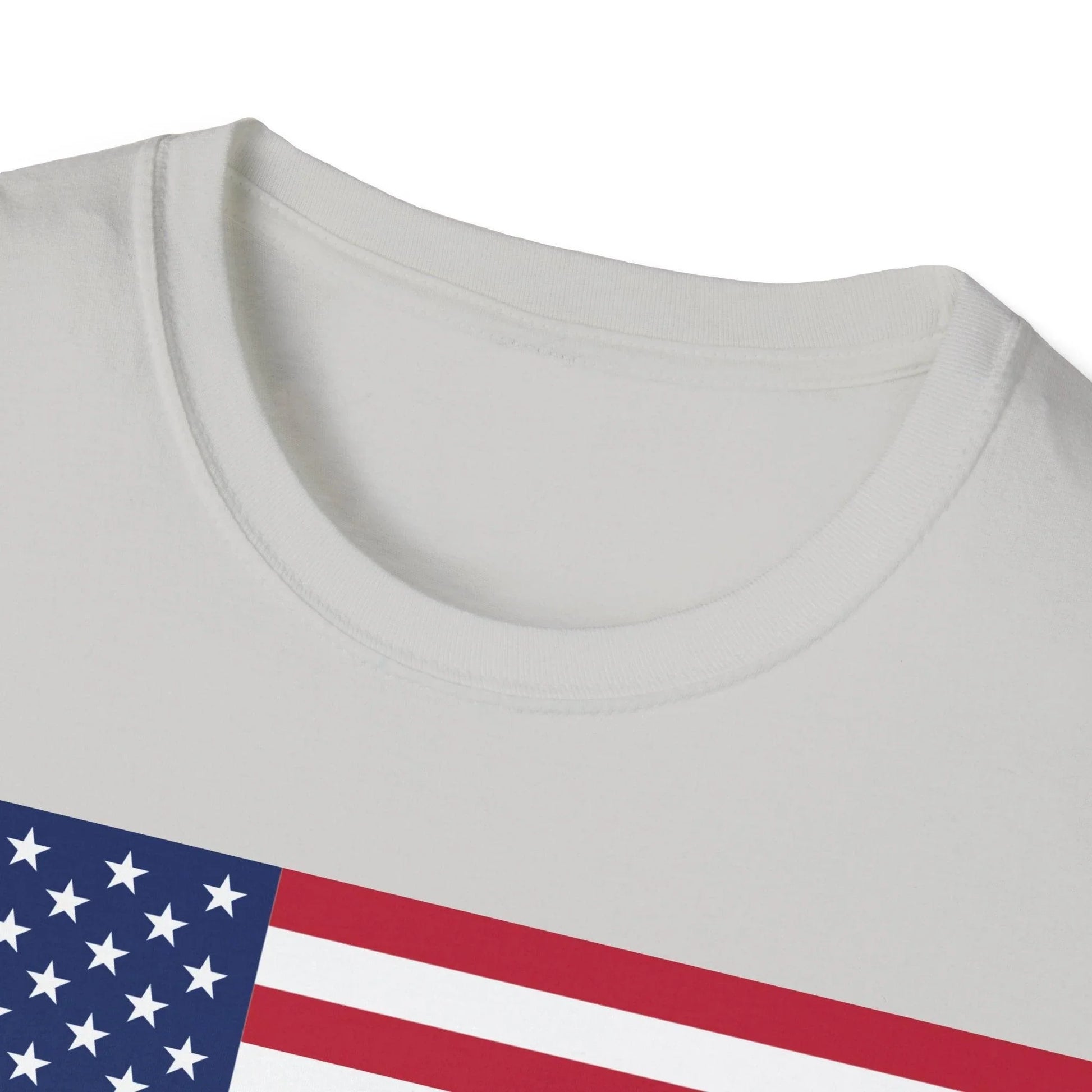 Close-up of the unisex softstyle fabric showing vibrant red, white, and blue heartbeat pattern on the American flag-themed