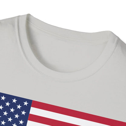 Close-up of the unisex softstyle fabric showing vibrant red, white, and blue heartbeat pattern on the American flag-themed