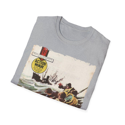 Close-up of the unisex softstyle T-shirt’s inside neckline tag, showcasing fabric blend and relaxed fit details in vibrant