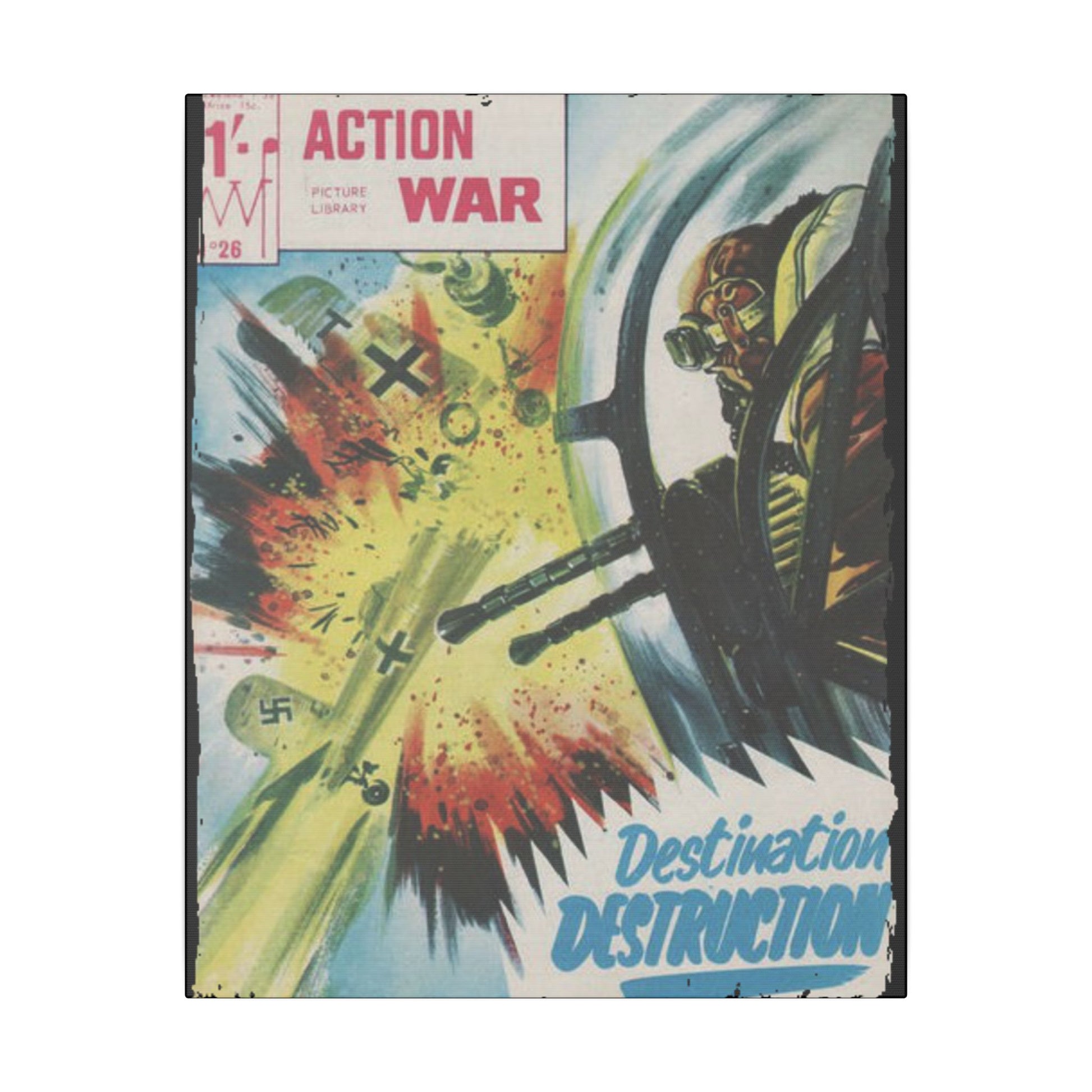 Close-up of vibrant comic book cover texture with bold ink lines and colorful illustrations highlighting action scenes