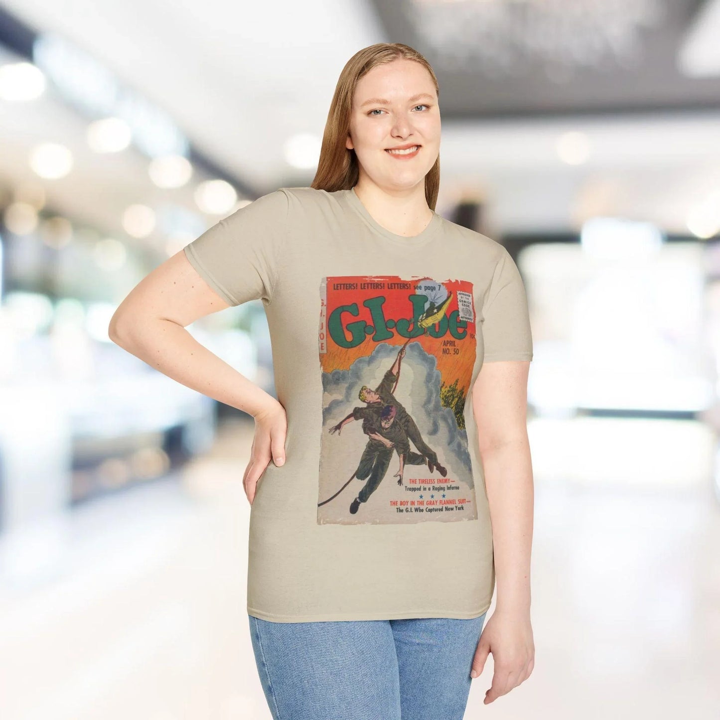 Close-up of the G.I. Joe No.50 soft cotton fabric collar with reinforced stitching and “G.I. Joe” tag detail at neckline