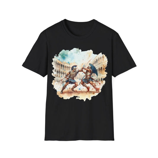 Ancient Gladiators unisex softstyle cotton crew neck T-shirt in black with printed graphic, regular fit, DTG design, from