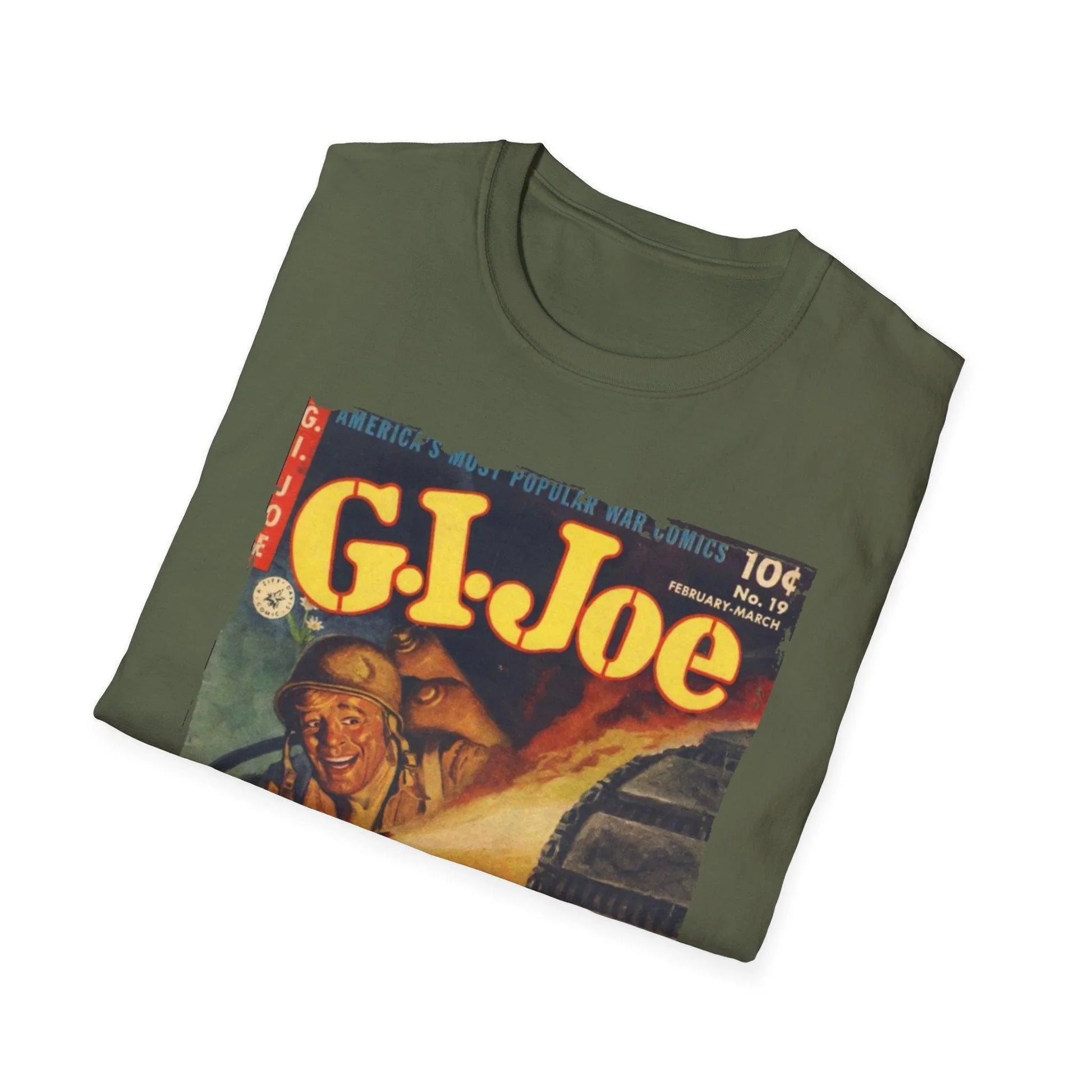 Close-up of G.I. Joe No.19 unisex softstyle T-shirt’s white crew neckline and smooth cotton fabric at the collar seam.