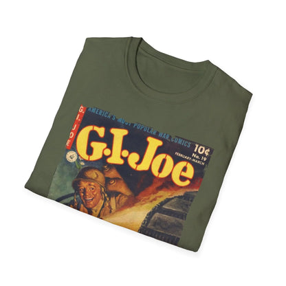 Close-up of G.I. Joe No.19 unisex softstyle T-shirt’s white crew neckline and smooth cotton fabric at the collar seam.