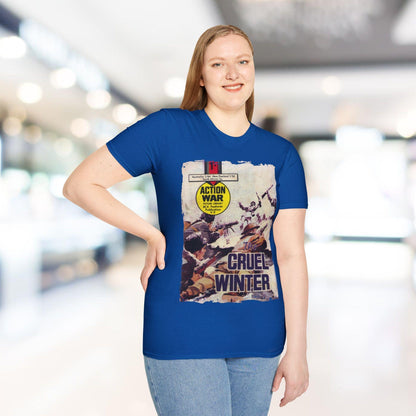 Close-up of the unisex softstyle fabric highlighting the smooth, relaxed fit in deep navy color with a classic crew neckline