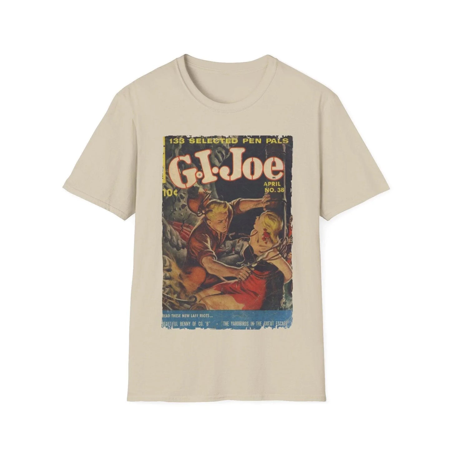 Close-up of the G.I. Joe No.38 softstyle T-shirt’s slim fit crew neckline in vibrant navy cotton fabric, highlighting