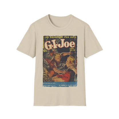 Close-up of the G.I. Joe No.38 softstyle T-shirt’s slim fit crew neckline in vibrant navy cotton fabric, highlighting