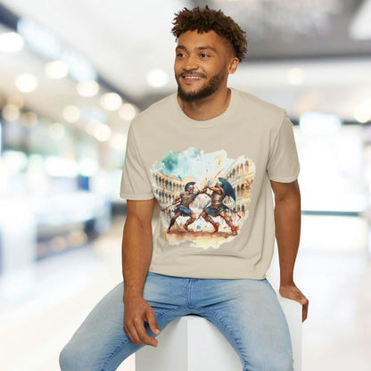 Close-up of the Ancient Gladiators T-shirt fabric showing soft cotton blend, relaxed fit, and detailed neckline stitching