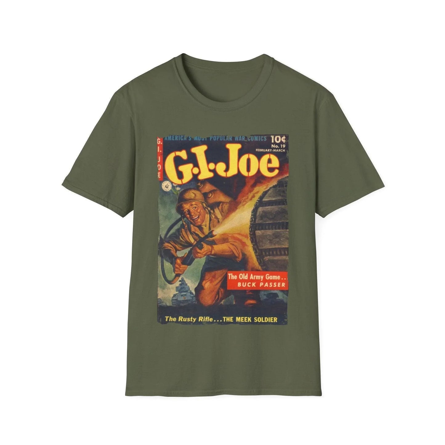 Close-up of the G.I. Joe No.19 softstyle T-shirt's front neckline, showing reinforced stitching and ribbed cotton fabric in