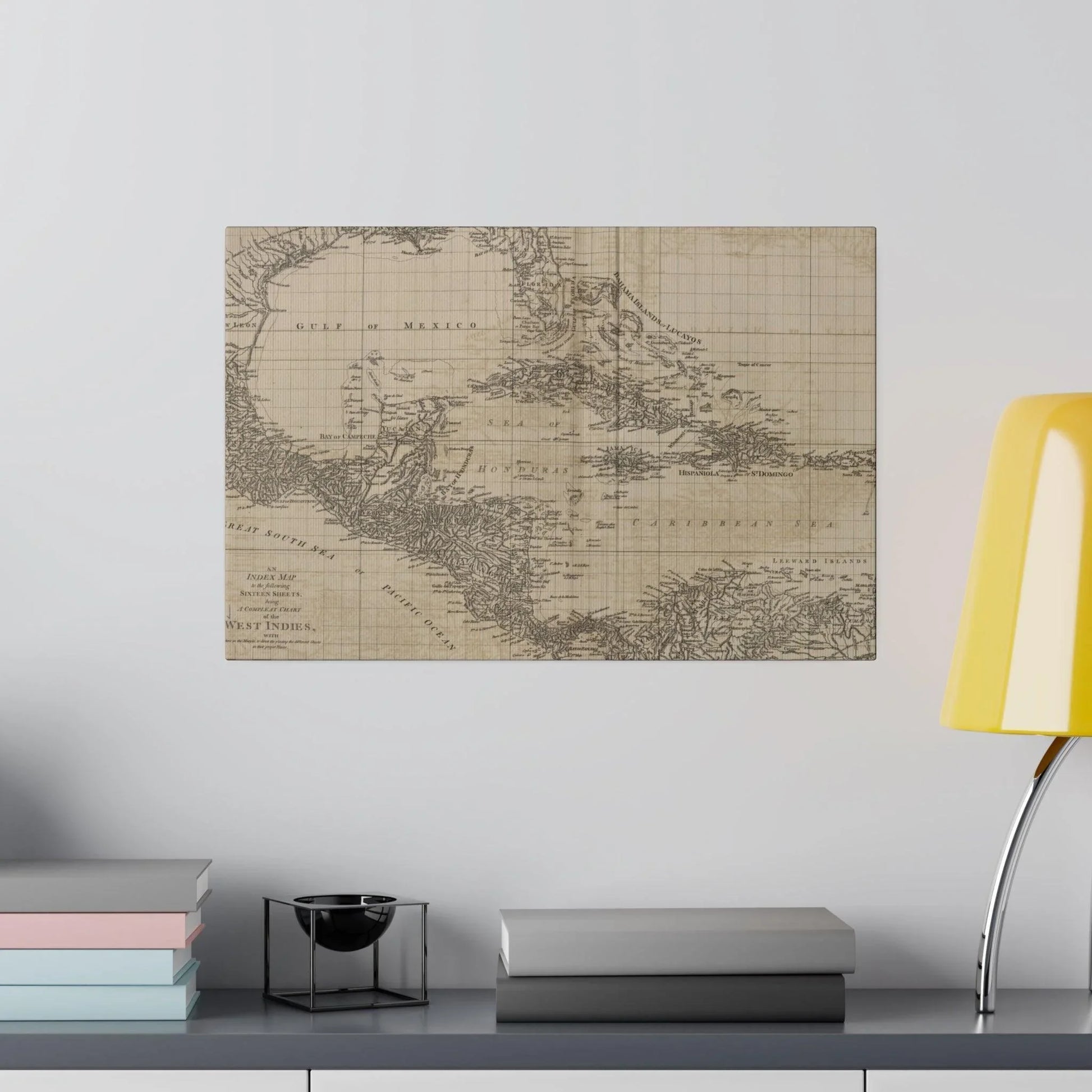 Close-up of the detailed West Indies map highlighting island names and vibrant color distinctions on textured canvas surface.