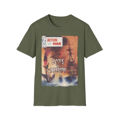 Close-up of the unisex softstyle T-shirt's neckline showing reinforced stitching and smooth fabric texture in vibrant green