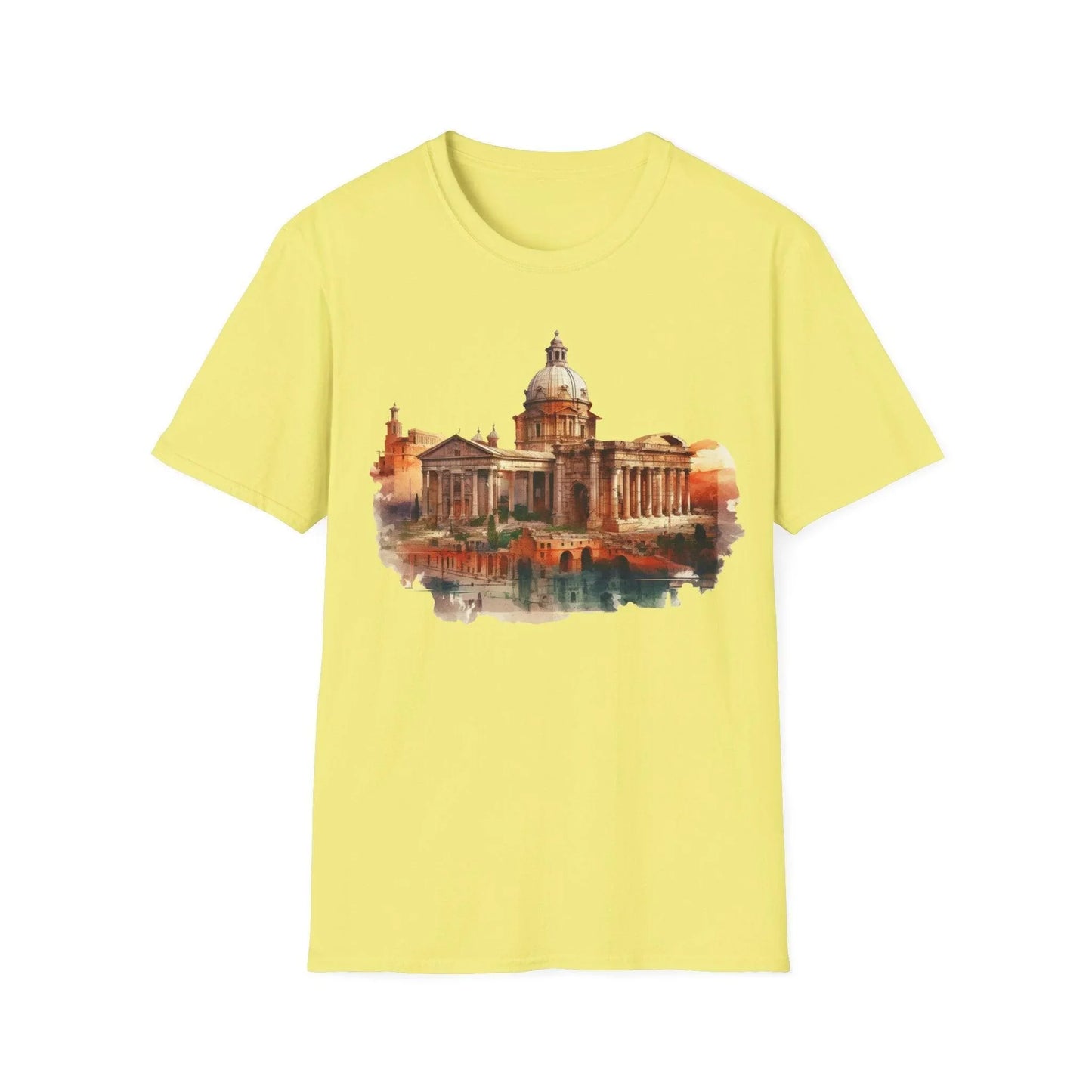 Close-up of the unisex softstyle T-shirt’s neckline and sleeve stitching highlighting the smooth fabric and relaxed fit in