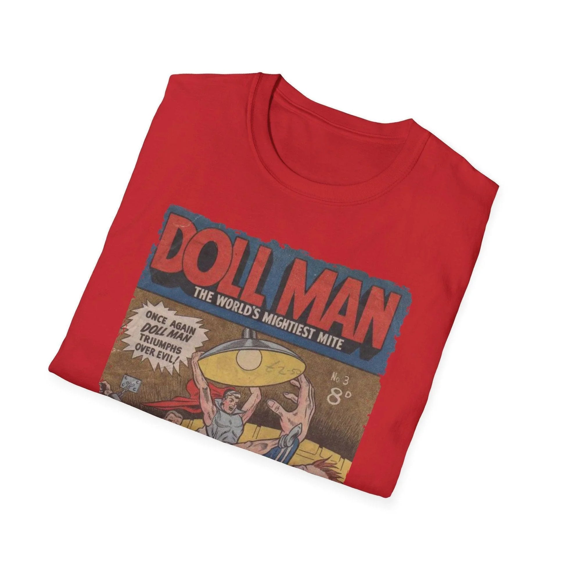 Close-up of the Doll Man No.3 unisex softstyle T-shirt fabric showing smooth, lightweight heather gray material with subtle
