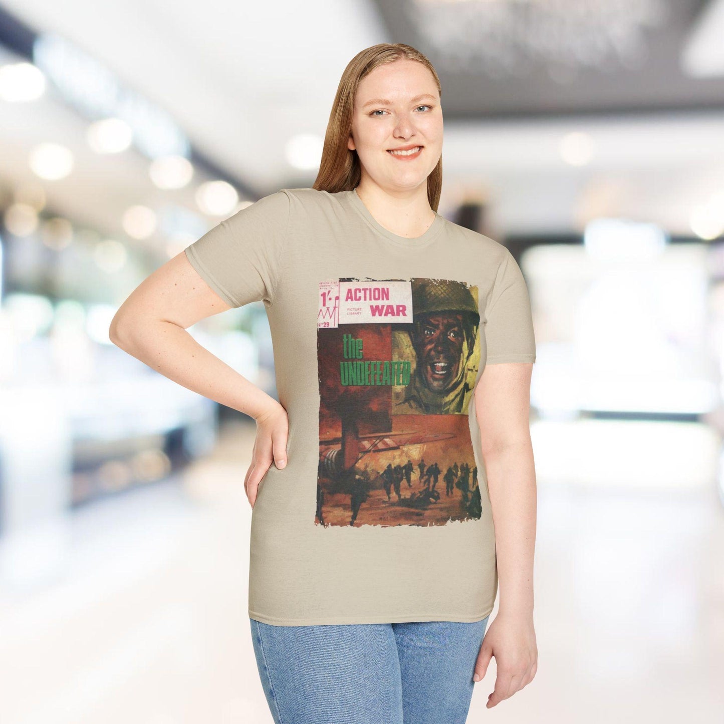 Close-up of the unisex softstyle T-shirt's relaxed fit, highlighting the subtle heather gray fabric and reinforced stitching