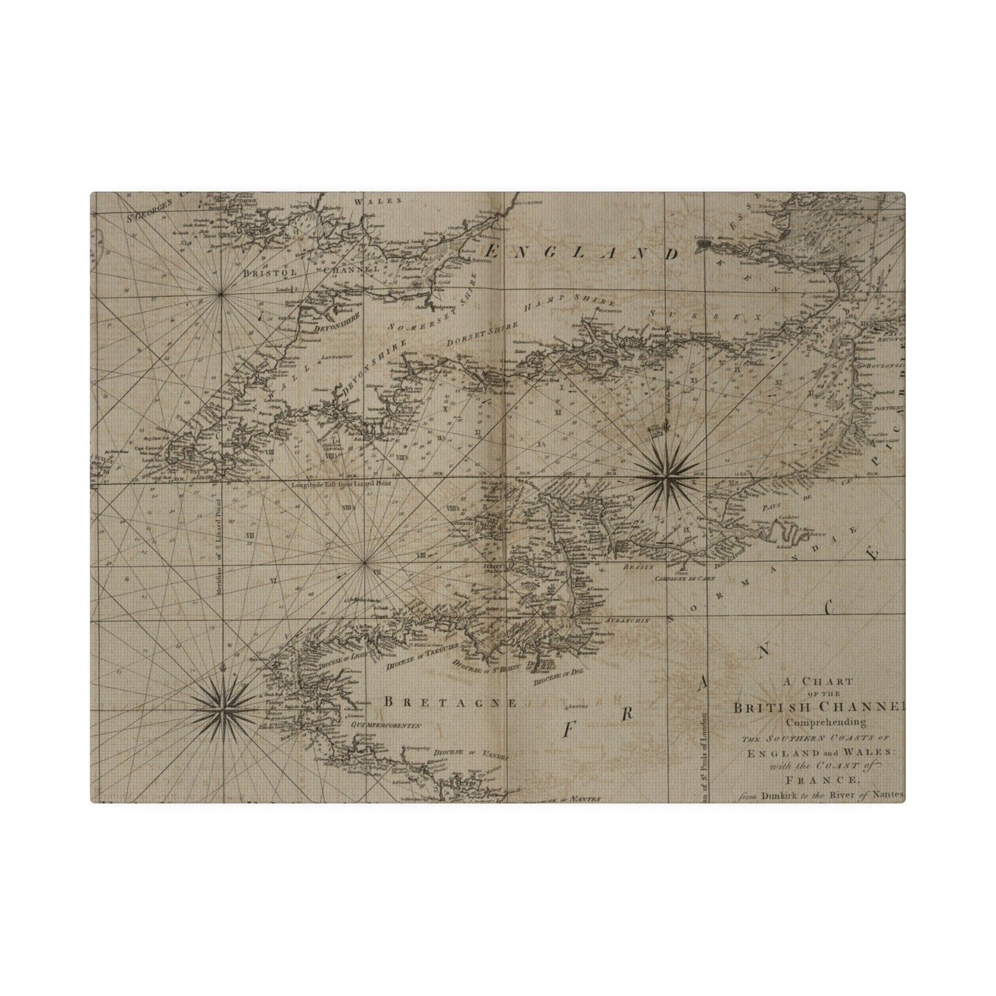 Close-up of the British Channel map showing detailed maritime borders and historic navigation routes on textured canvas