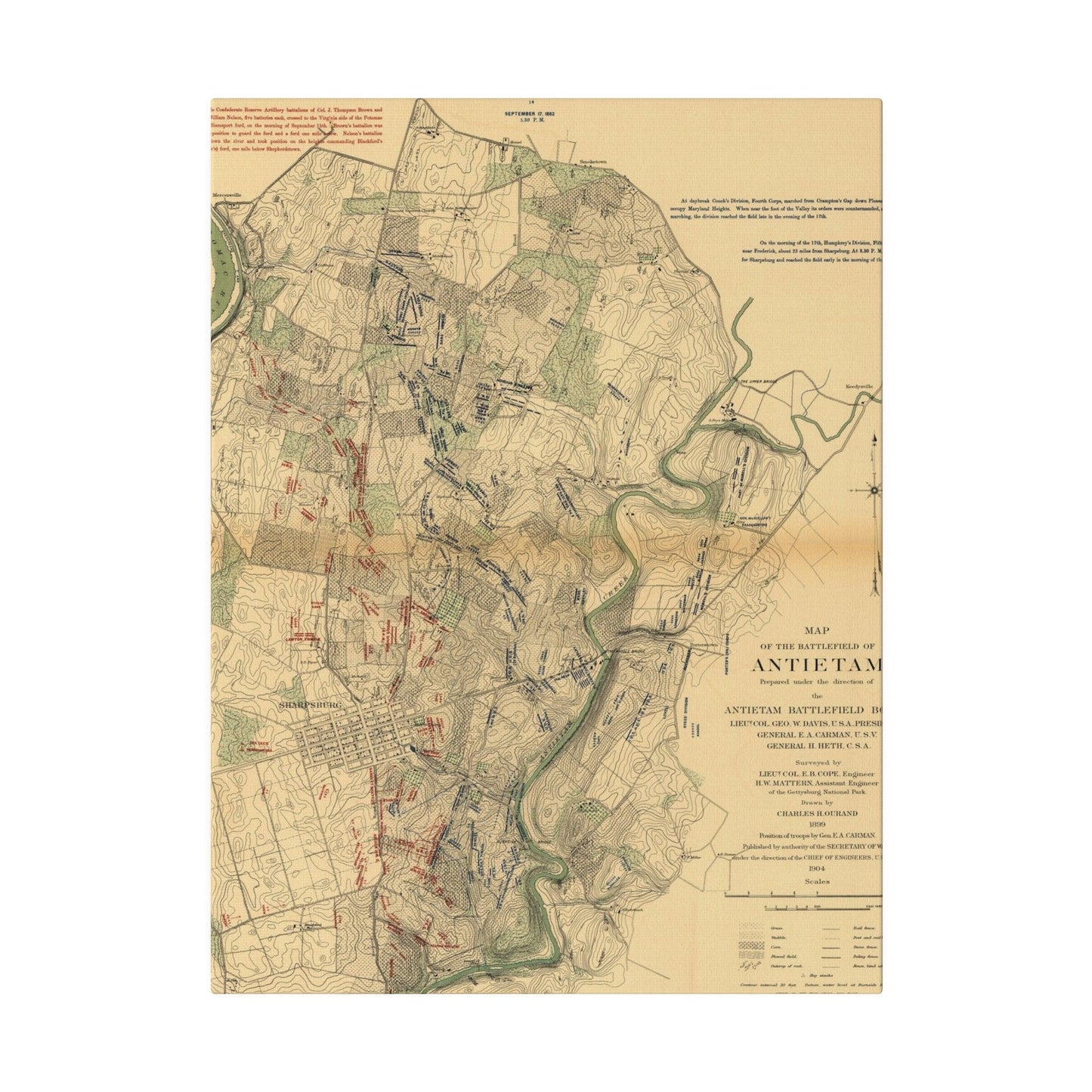 Close-up of textured canvas surface highlighting detailed brushstroke effects and subtle color variations around battlefield