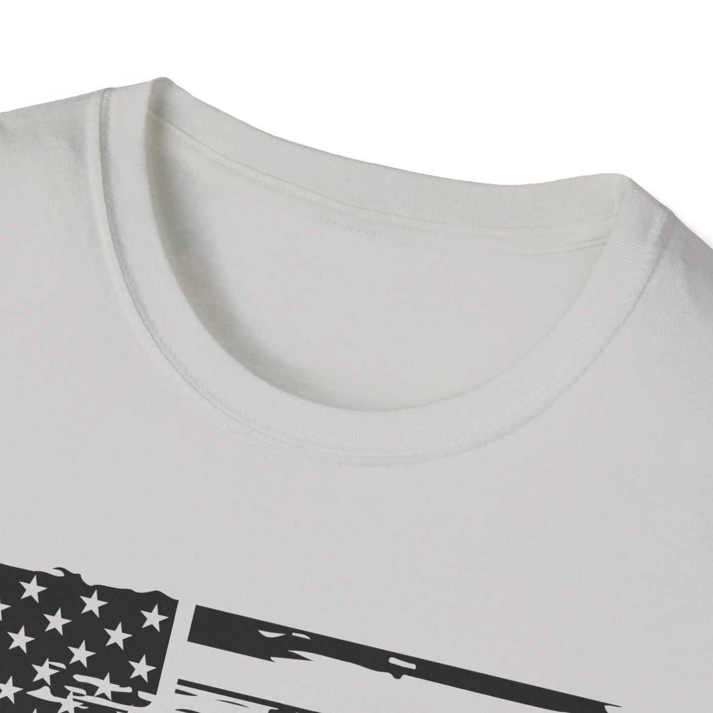 Close-up of the distressed black-and-white American flag graphic on the chest area of the unisex softstyle T-shirt with