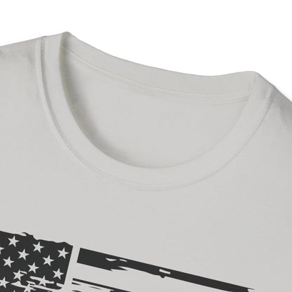 Close-up of the distressed black-and-white American flag graphic on the chest area of the unisex softstyle T-shirt with