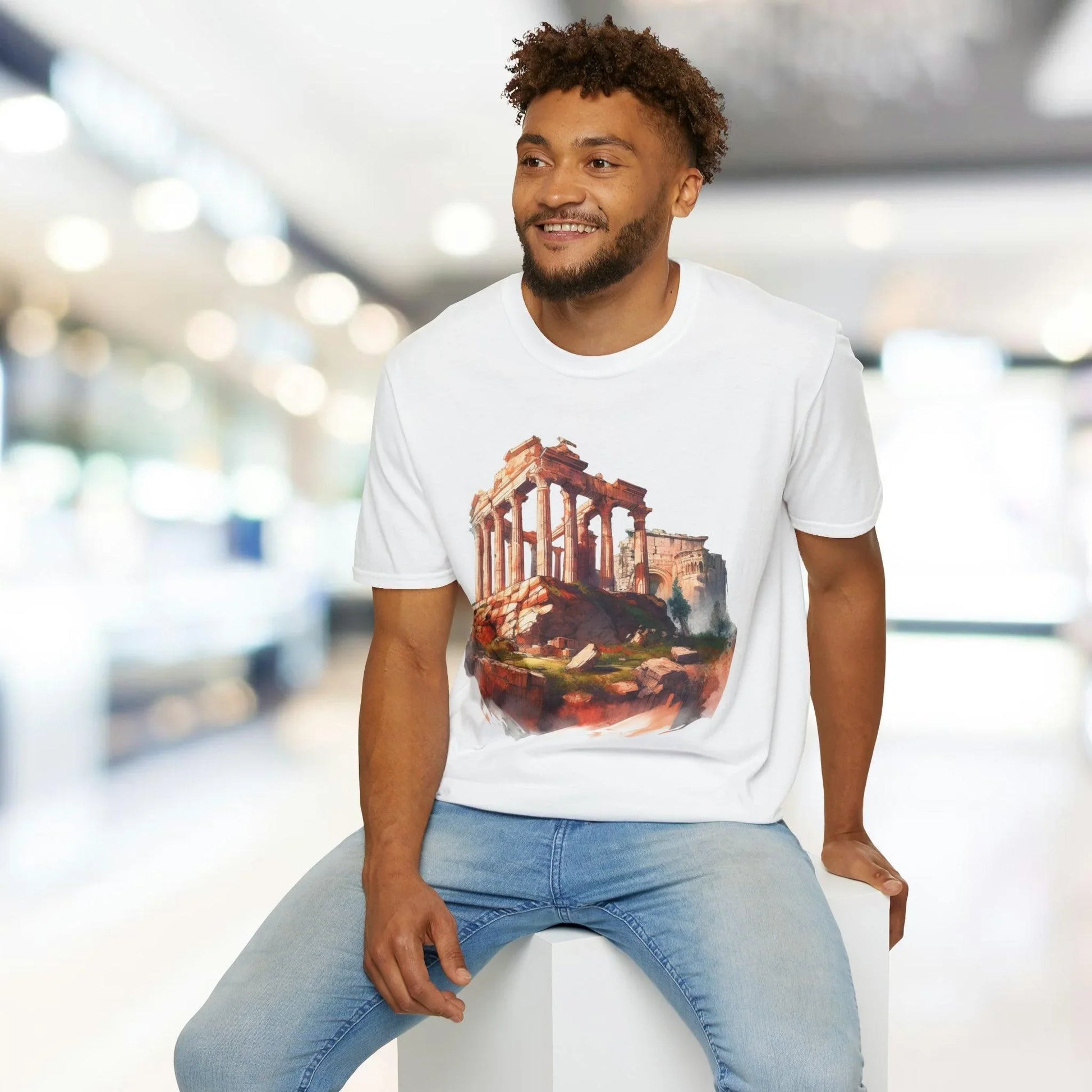 Close-up of the unisex softstyle fabric texture showing subtle heather gray color and smooth finish on the Ancient Bldg 4