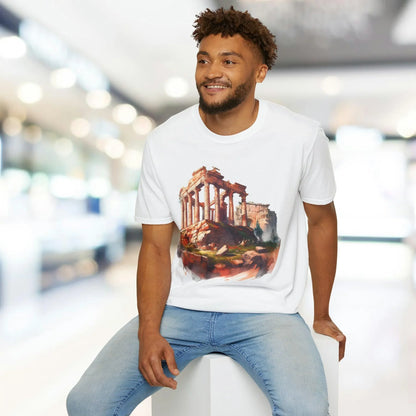 Close-up of the unisex softstyle fabric texture showing subtle heather gray color and smooth finish on the Ancient Bldg 4