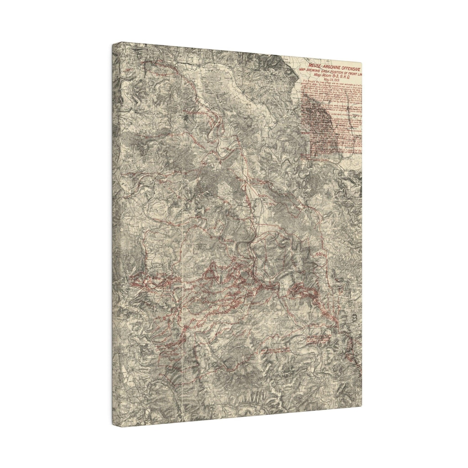 Close-up of the G.H.Q. map's textured canvas surface and detailed hand-painted markings from a top-down perspective.