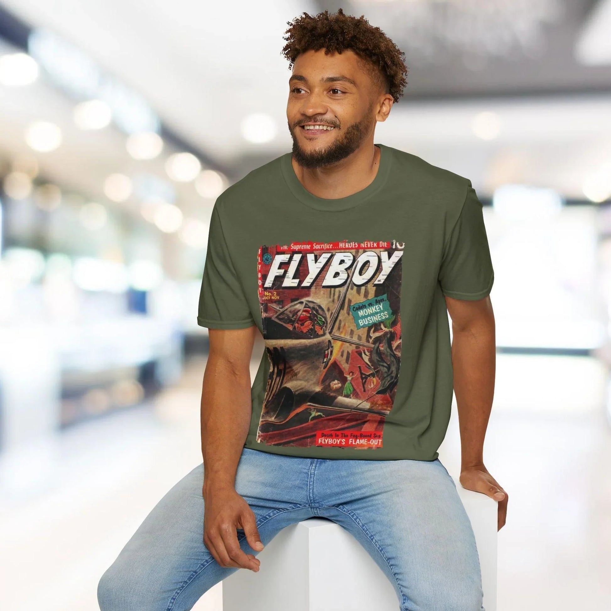 Close-up of the Flyboy No.2 T-shirt neckline showing reinforced stitching and smooth fabric texture in navy blue color.