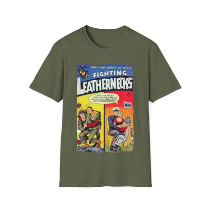 Close-up of the unisex softstyle T-shirt's stitched neckline, showcasing smooth fabric edges in heather charcoal color from