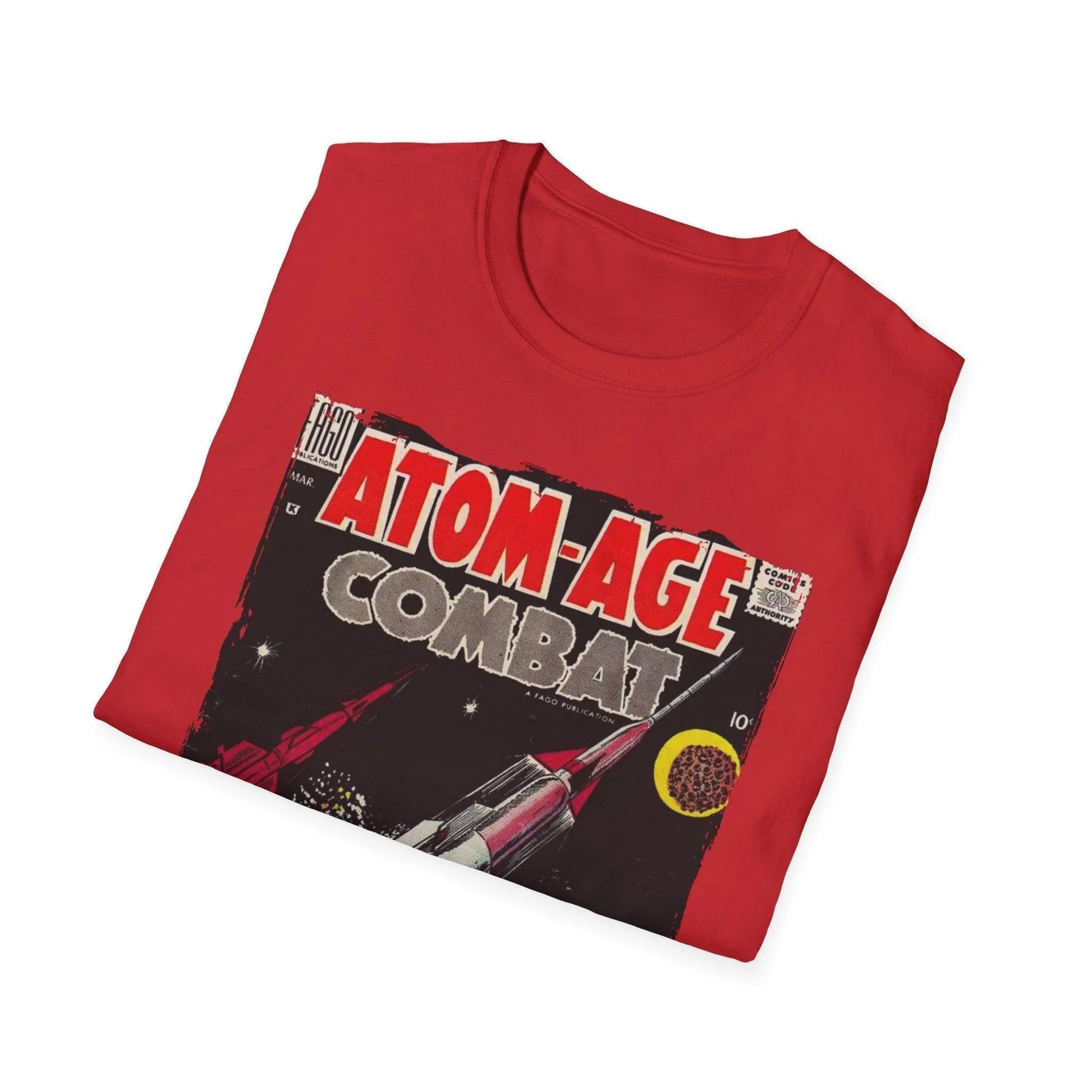 Close-up of the Atom-Age Combat No.3 T-shirt's soft cotton fabric with visible stitching and relaxed fit neckline at a