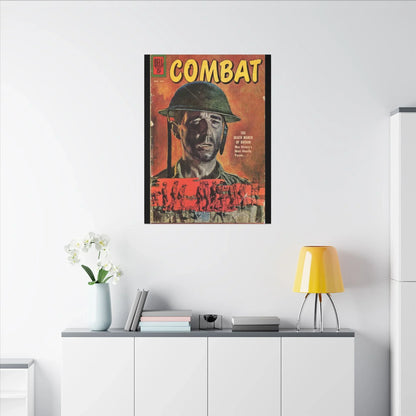 Close-up of textured canvas surface highlighting subtle weave details and aged, matte finish of Combat May 1961 artwork.