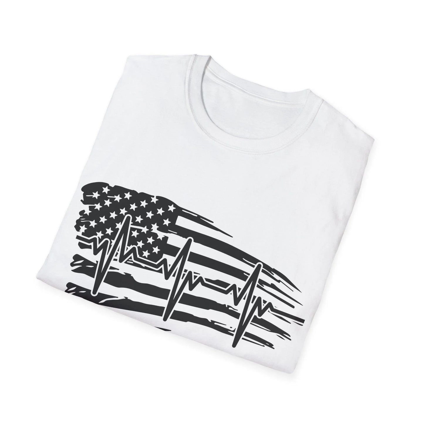 Close-up of the distressed black-and-white flag heartbeat graphic on the front chest area of the unisex softstyle T-shirt