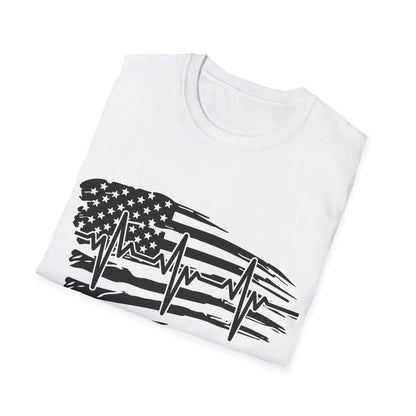 Close-up of the distressed black-and-white flag heartbeat graphic on the front chest area of the unisex softstyle T-shirt