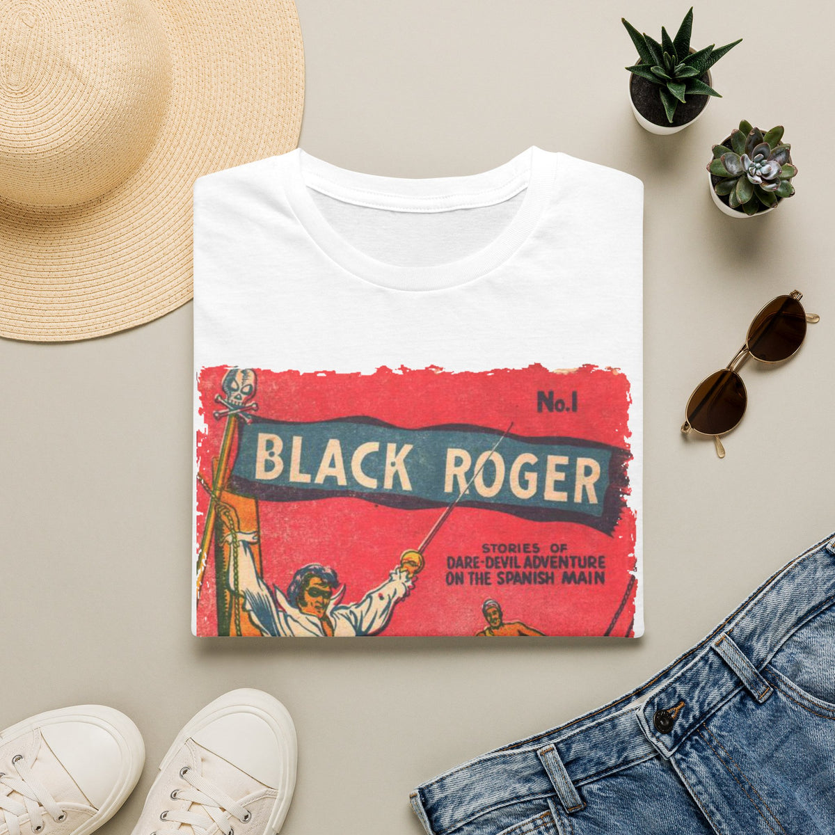 Close-up of the Black Roger No.1 unisex softstyle T-shirt's slim fit interior label on a relaxed fabric background