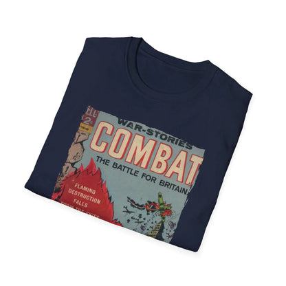 Close-up of the black fabric neckline with subtle stitching detail on the Combat July 1965 unisex softstyle T-shirt