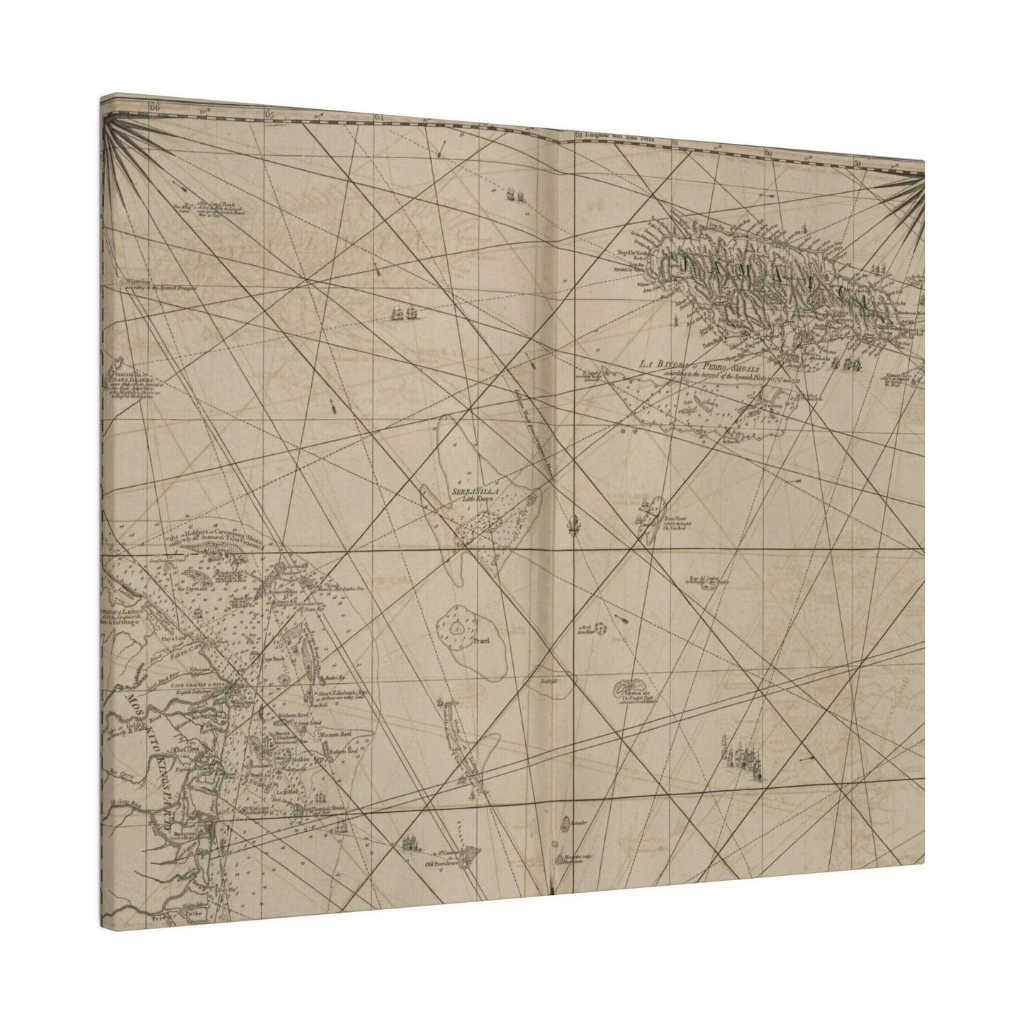 Detailed close-up of vibrant Caribbean island map highlighting Jamaica and Cape Gracias a Rios with textured canvas surface