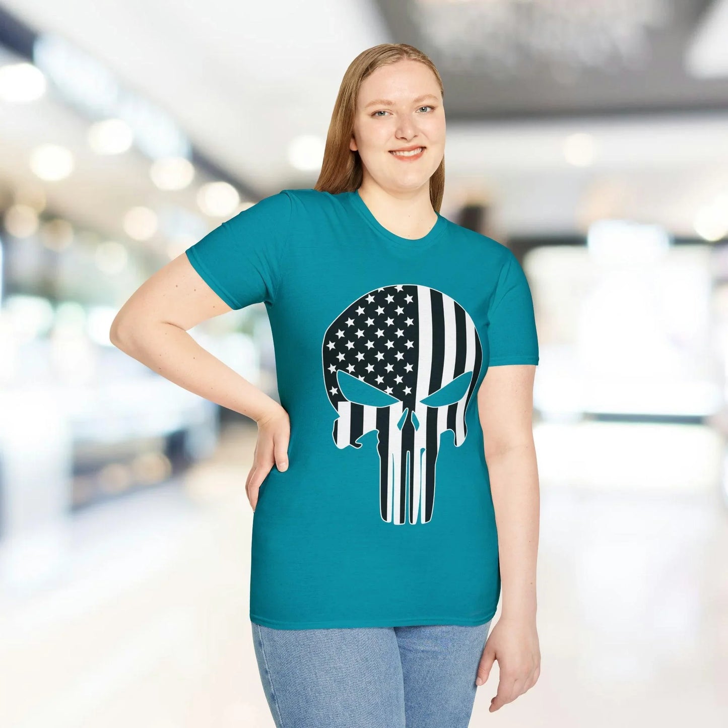 Close-up of the American Skull Flag B&W T-Shirt's black and white distressed fabric texture and crew neckline detail from a