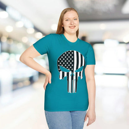 Close-up of the American Skull Flag B&W T-Shirt's black and white distressed fabric texture and crew neckline detail from a