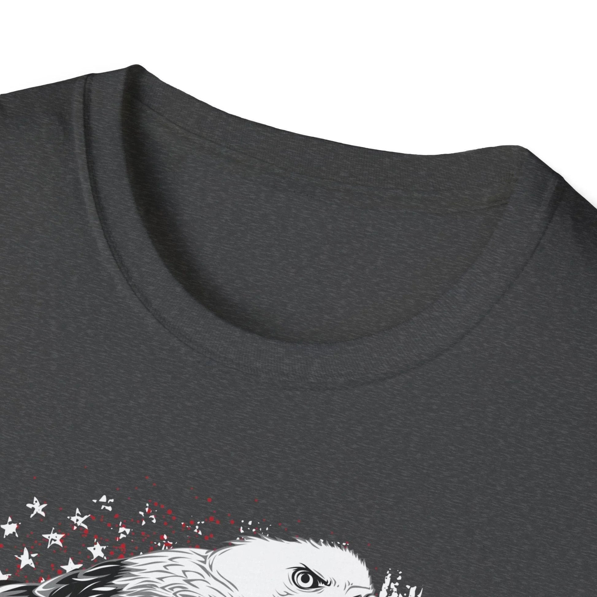 Close-up of the American Veteran softstyle T-shirt’s comfortable cotton-poly blend fabric and subtle neckline stitching