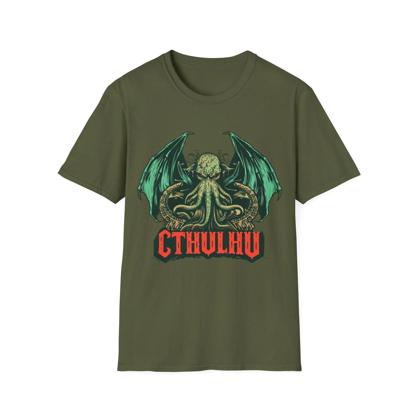 Close-up of the navy blue Cthulhu T-shirt's inside neck label and stitching detail at the crew neckline