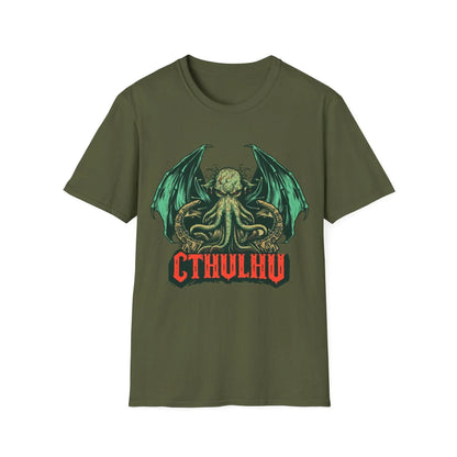 Close-up of the navy blue Cthulhu T-shirt's inside neck label and stitching detail at the crew neckline