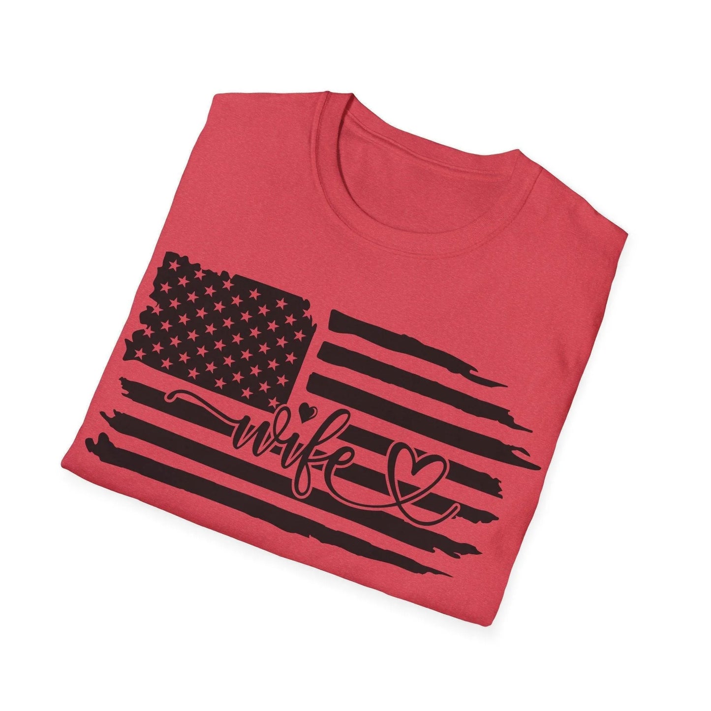 Close-up of the distressed black-and-white American flag graphic on the unisex softstyle T-shirt’s front neckline detail