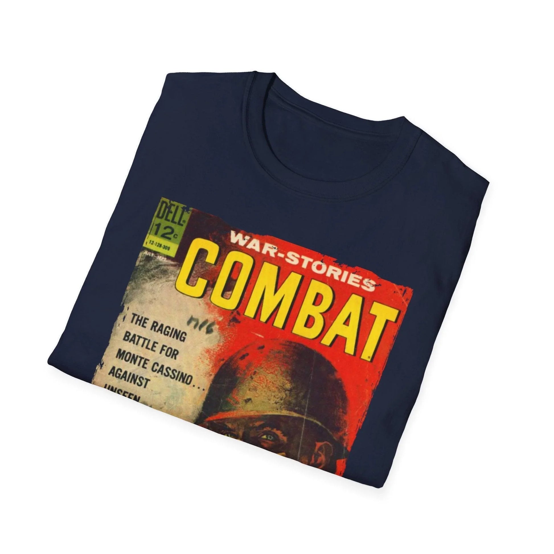 Close-up of the Combat Sept 1963 unisex softstyle T-shirt’s neckline and subtle fabric texture in olive green from a